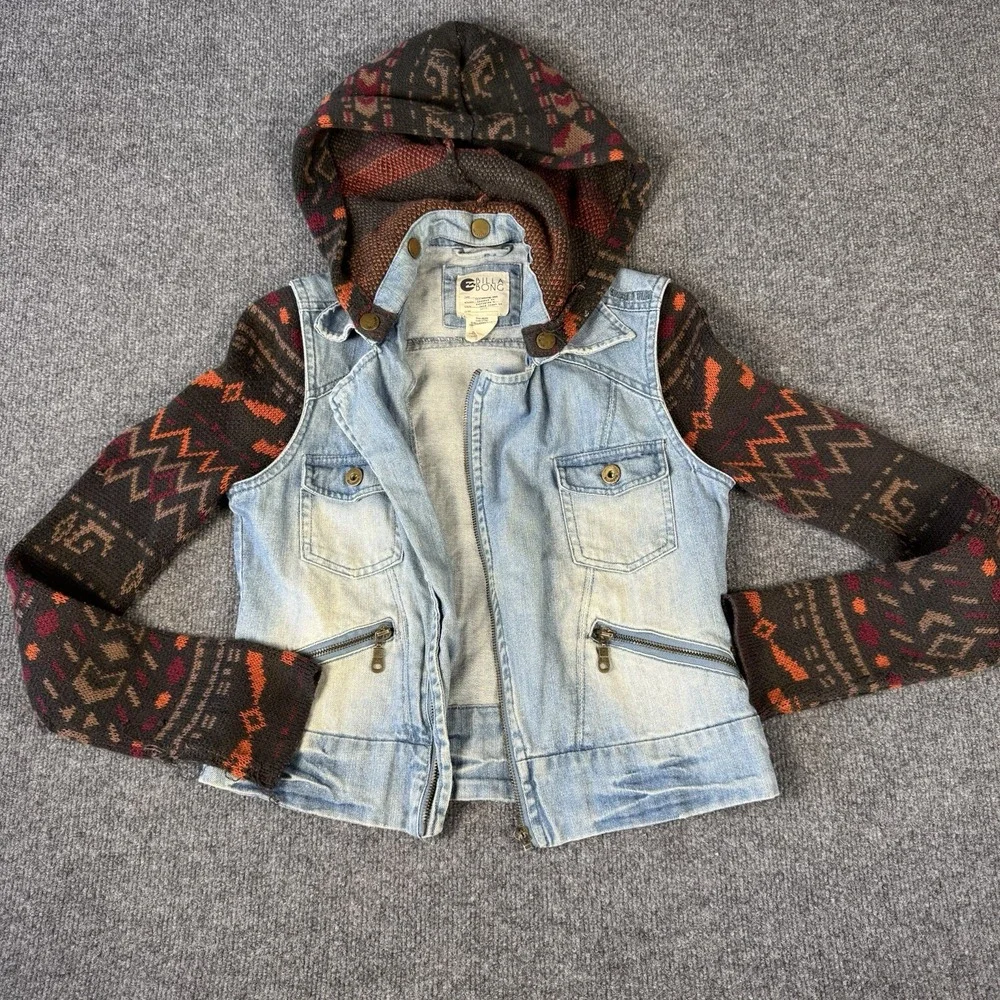 Vintage Billabong Denim Jacket Sweater Knit Sleeves Women's Small S‎ Surfer